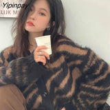 Yipinpay 2023 Autumn Street Style Zebra pattern Knit Women's Sweater Y2K Button Up Loose Long Sleeve Cardigan Coat Winter Outwear