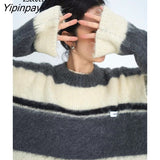 Yipinpay 2023 Winter Minimalist Striped O Neck Loose Women Sweater Korea Style Oversize Long Sleeve Pullover Female Loose Clothing
