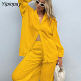 Yipinpay Piece Pleated Shirt Set Sexy Blouse Tops And Wide Leg Pants Women High Waist 2023 Autumn Long Sleeve Loose Outfits Pant Sets