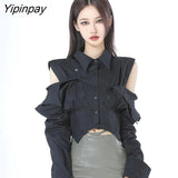 Yipinpay Street Sytle Long Sleeve Off The Shoulder White Shirt Women Slim Y2K Ladies Crop Tops Blouse 2023 Summer Female Clothing