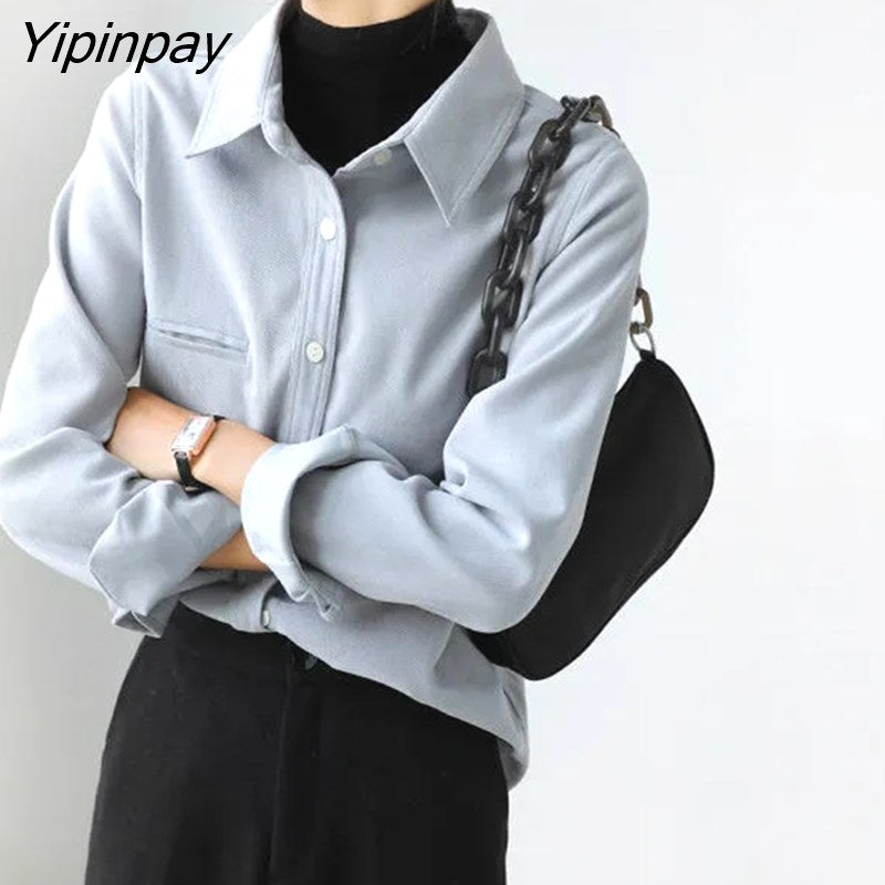 Yipinpay 2023 Winter Office Lady Long Sleeve Thick Shirt Women Korean Style Button Up Tunic Blouse Fall Work Female Clothing Tops