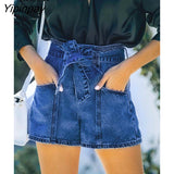 Yipinpay Dark Blue Cotton Skinny Jean Shorts With Belts Pockets Women High Waist Trousers Streetwear Drawstring Sexy Denim Shorts