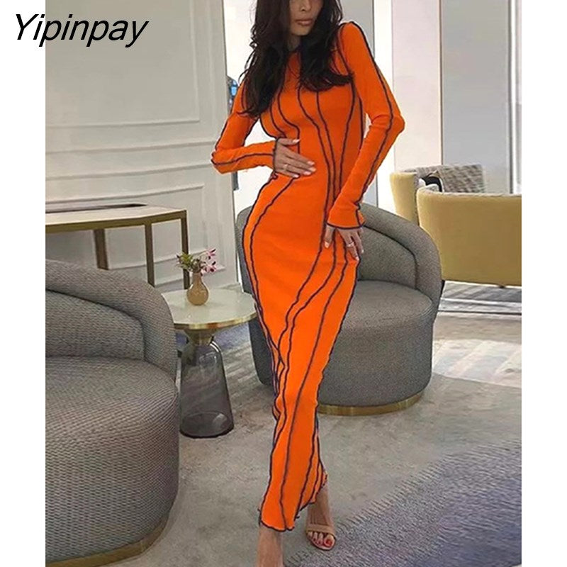 Yipinpay Women's Convex Strip Flare Sleeve Slim Midi Dress 2023 Spring O Neck Party Club Mini Dresses Female Office Solid Robe Outifits