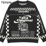 Yipinpay Men's Oversized Pattern Sweater Fashion Loose Trend American Retro Round Neck 2023 Winter Jacquard Knit Sweater Women's Sweater