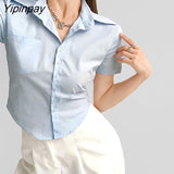 Yipinpay 2023 Summer Streetwear Short Sleeve Slim Women's White Shirt Korea Style Button Woman Crop Top Blouse Y2K Sexy Clothing