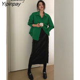 Yipinpay 2023 Autumn Office Lady Long Sleeve Green Shirt Women Korean Style Loose Button Up Tunic Blouse Work Female Clothing Tops
