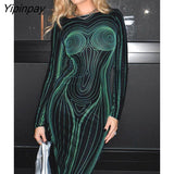 Yipinpay Streak 3D Printing Maxi Dress Women Hipster O Neck Long Sleeve Straight Robe Female High Street Backless Bodycon Dresses