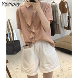 Yipinpay 2023 Summer Short Sleeve Cotton Shirt Women Korean style Ruffles Button Up Solid Ladies Blouse Tunic Casual Clothing Tops