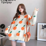 Yipinpay Winter Casual Kawaii Orange Embroidery Women's Sweaters O Neck Long Sleeve Thick Knit Sweater Women Y2K Female Pullovers