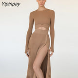 Yipinpay Knit Two Piece Bandage Skirt Set Women Sweater Crop Tops And Slit Pleated Skirts Drawstring Knitted Sweaters Outfits Sets
