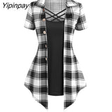 Yipinpay Plaid Print Mock Button Casual Faux Twinset T Shirt Combo Women 2 in 1 Tee Twofer Summer High Waist Fashion T-Shirts