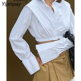 Yipinpay 2023 Spring Y2K Long Sleeve Women Shirt Women Minimalist Button Up Woman Crop Tops Blouse Korea Style Female Clothing