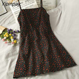 Yipinpay Women's Dresses Floral Print Midi Summer Korean Fashion Aesthetic Party Robe Casual Sexy Kawaii SlingA-Line Lady Chic Clothing