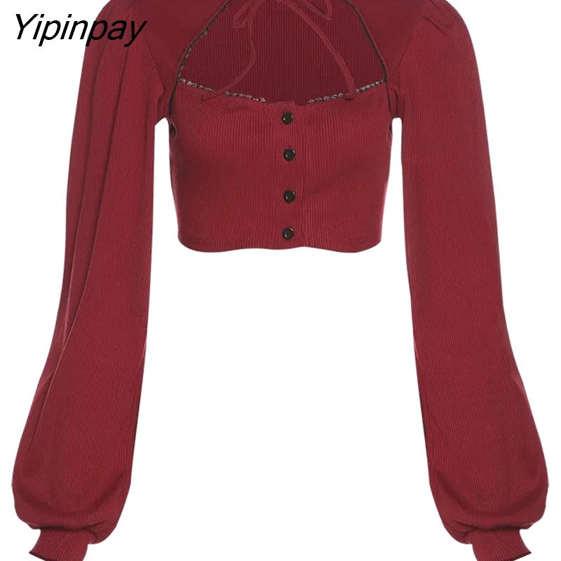 Yipinpay 2023 Spring Sweet Long Sleeve Red Shirt Women Christmas Party Lace Button Up Hollow Out Crop Tops Korean Style Blouse