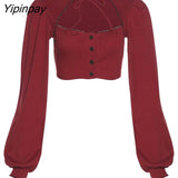 Yipinpay 2023 Spring Sweet Long Sleeve Red Shirt Women Christmas Party Lace Button Up Hollow Out Crop Tops Korean Style Blouse