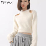 Yipinpay 2023 Winter Korean Style Slim Long Sleeve Mohair Sweater Women Sexy Backless Bandage Ladies Crop Top Fall Female Pullover