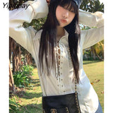 Yipinpay Street Style Long Sleeve White Shirt Women Punk Bandage Hollow Out Za Shirts 2023 Autumn New Female Blouse Tunic Clothing