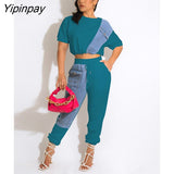 Yipinpay Women Cropped Blouse And Pants Two Piece Set 2023 Summer Tee And Jogger Pants Tracksuit Outfits Female Denim Patchwork Sweatsuit