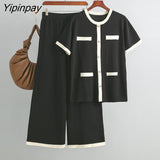 Yipinpay Color Block Knit Two Piece Set Women Button Tops And Wide Leg Pants High Waist Patchwork Knitwear Outfits Summer Sets