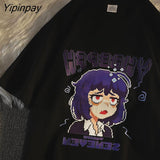 Yipinpay T-Shirt Women Anime Cartoon Retro Print Kawaii Aesthetic Harajuku Short Sleeve Goth Punk Y2k Tops Tees Female Clothing