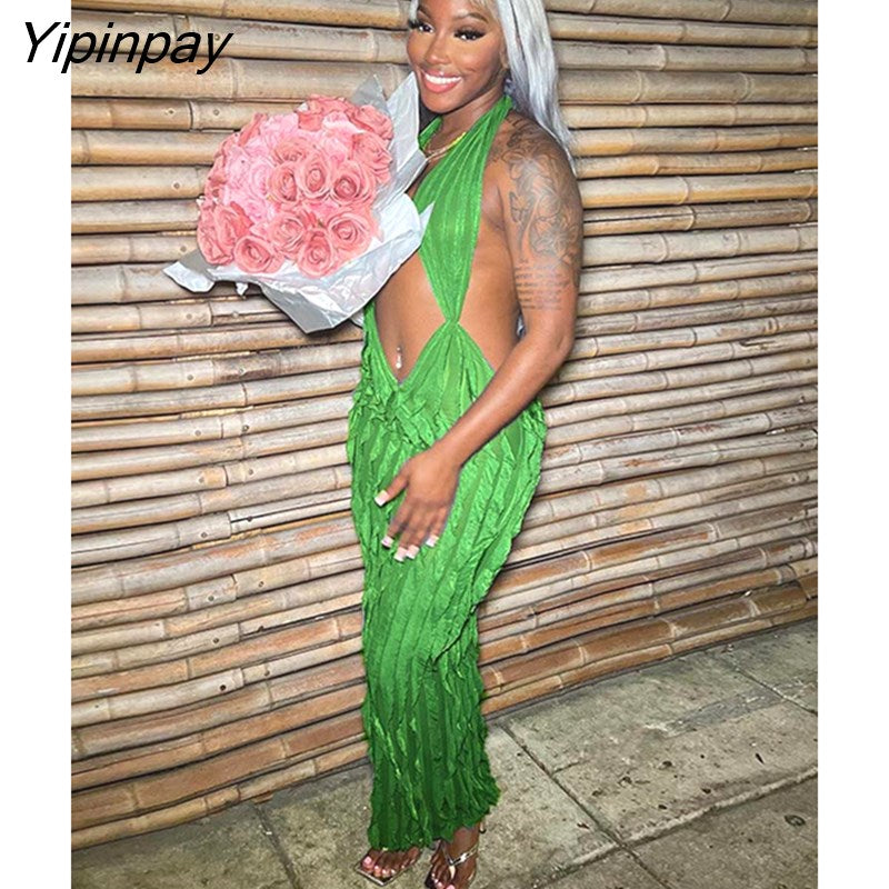 Yipinpay Halter Low Cut Backless Maxi Dress For Women Sleeveless Pleated Slim Dresses 2023 Summer Beach Harajuku Lolita Y2K Vestidos