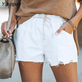 Yipinpay Women Elastic Waist Drawstring Ripped Stretch Denim Shorts Summer Streetwear Black White Blue High-Waist Sexy Hole Jean Shorts