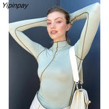 Yipinpay Half Turtleneck Bright Line Two Piece Suit For Women Sexy Long Sleeve Crop Top Skirt Sets 2023 Female Basic Tee Outfits