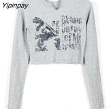 Yipinpay Vintage Letter Print Long Sleeve Crop Top Women Sexy Slim Knitted T Shirt Korean Style Y2k Aesthetic Streetwear Clothing