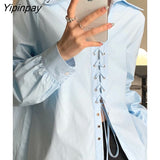Yipinpay 2023 Autumn Streetwear Long Sleeve Bandage Blue Cotton Shirt Women Y2K Sexy Ladies Blouse Fashion Female Clothing Tops