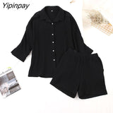 Yipinpay Two Piece Shirt Set Women Loose Blouses Cardigan Tops And Shorts High Waist 2023 Spring Summer Baggy Shirts Outfits Sets
