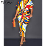 Yipinpay Women's Satin Printed Slim Maxi Dress Summer Casual Button Lace Up Short Sleeve Dress Elegant Fashion Office Lady Dresses