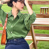 Yipinpay 2023 Winter Korean Style Long Sleeve Corduroy Shirt Women Office Lady Button Up Thick Tunic Blouse Female Clothing Tops