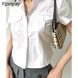 Yipinpay 2023 Summer Y2K Pocket Short Sleeve White Shirt Women Sexy Button Slim Crop Tops Blouse New Streetwear Female Clothing