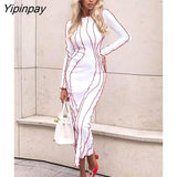 Yipinpay Women's Convex Strip Flare Sleeve Slim Midi Dress 2023 Spring O Neck Party Club Mini Dresses Female Office Solid Robe Outifits