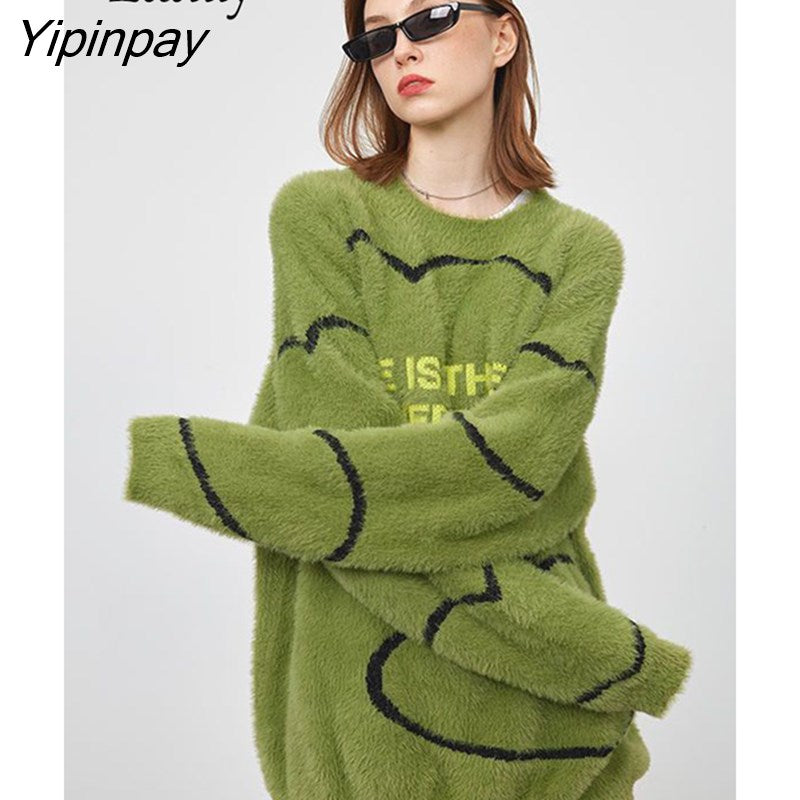 Yipinpay 2023 Winter Casual Long Sleeve Mohair Women Shirt Oversize Letter Embroidery Loose Ladies Knit Pullover Female Thick Tops