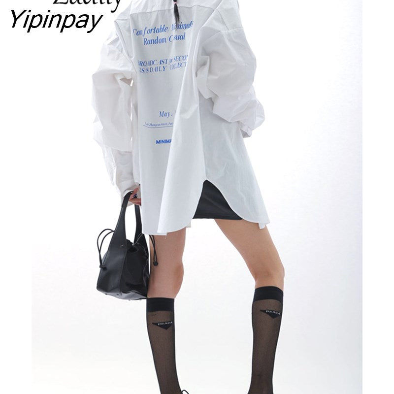 Yipinpay 2023 Autumn Oversize Long Sleeve White Long Shirt Women Streetwear Button Up Letter Print Ladies Tunic Blouse Female Tops