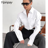 Yipinpay 2023 Spring Streetwear Long Sleeve Shrug Women White Shirt Minimalist Button Up Bandage Woman Crop Tops Blouse Clothing