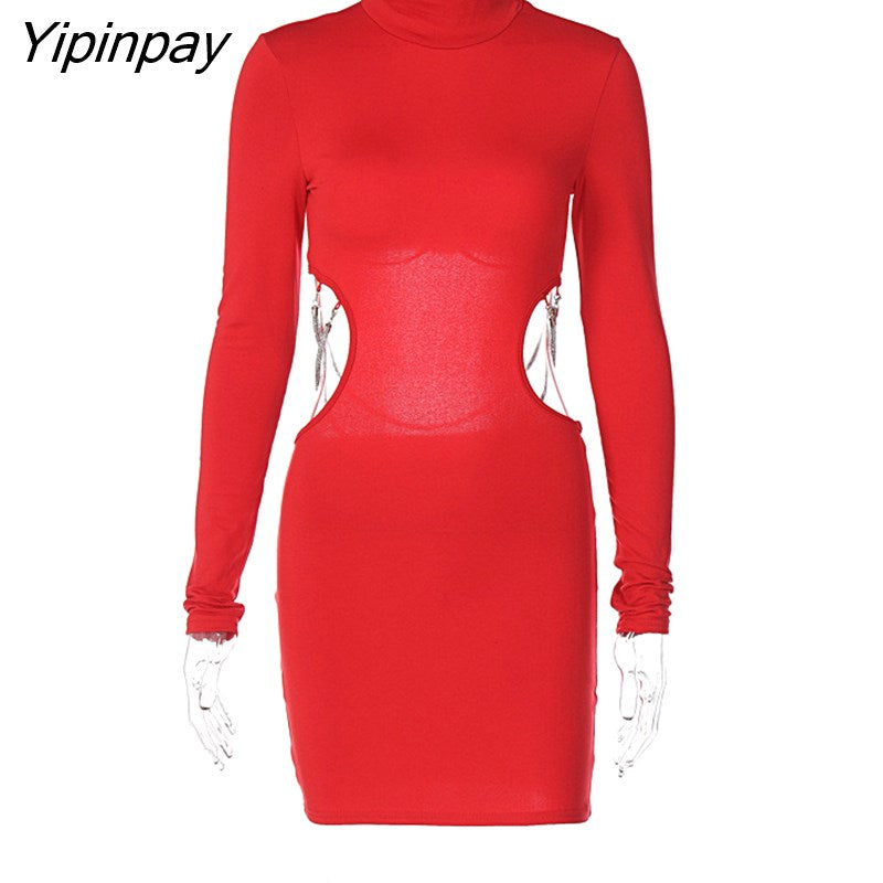 Yipinpay Women Long Sleeve Bodycon Hollow Out Mini Dress Solid Sexy Backless Slim High Neck Dress 2023 Autumn Party Club Christmas Dress