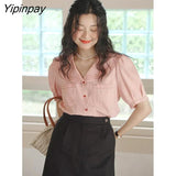 Yipinpay 2023 Summer French style Short Sleeve White Shirt Women Sailor Collar Solid Button Blouse Work Female Clothing Tops