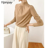 Yipinpay 2023 Winter Korean Style Long Sleeve Slim Sweater Women Office Lady Half High Collar Ruched Pullover Work Female Tops