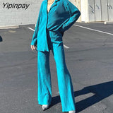 Yipinpay Shirt Suits Pleated Notched Single-Breasted Female Cardigan Two-Piece Loose Shirts and High-Waist Wide-Leg Pants Sets