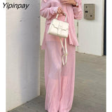 Yipinpay Shirt Suits Pleated Notched Single-Breasted Female Cardigan Two-Piece Loose Shirts and High-Waist Wide-Leg Pants Sets