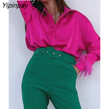 Yipinpay 2023 Spring Women New In Elegant Long Sleeve Spliced Feathers Solid Ladies Top Silk Satin Blouse Shirt For Woman Clothing