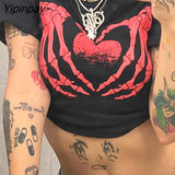 Yipinpay skeleton women's T-shirt Harajuku Y2K black sweet girl slim skull print fun vintage graphic clothes crop top E-girl