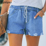 Yipinpay Women Elastic Waist Drawstring Ripped Stretch Denim Shorts Summer Streetwear Black White Blue High-Waist Sexy Hole Jean Shorts