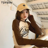 Yipinpay Women T-Shirt Y2k Crop Top Summer Sexy Long Sleeve Print Letter Cropped Aesthetic Grunge Harajuku Vintage Korean Fashion Clothes
