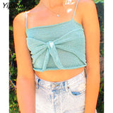 Yipinpay Sexy Drawstring Knitted Short Camis Women Corset Crop Top Summer Camis Streetwear Basic Vest Green Knitting Bodycon Tops