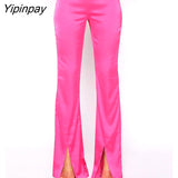 Yipinpay Feather Crop Tops And Split Trousers Two Piece Sets Women Fashion Flare Long Sleeve Tie Up Blouse High Waist Pants Suits