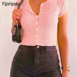 Yipinpay Knitted Ribbed Crop Tops For Women T Shirts Summer 2023 Streetwear Button Up Black Green Tees Sexy Bodycon Short Tops