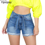 Yipinpay Sexy Denim Shorts Women 2023 Mid Waisted Lace Up With Button Zipper Pockets Female Autumn Washed Distressed Slim Jeans